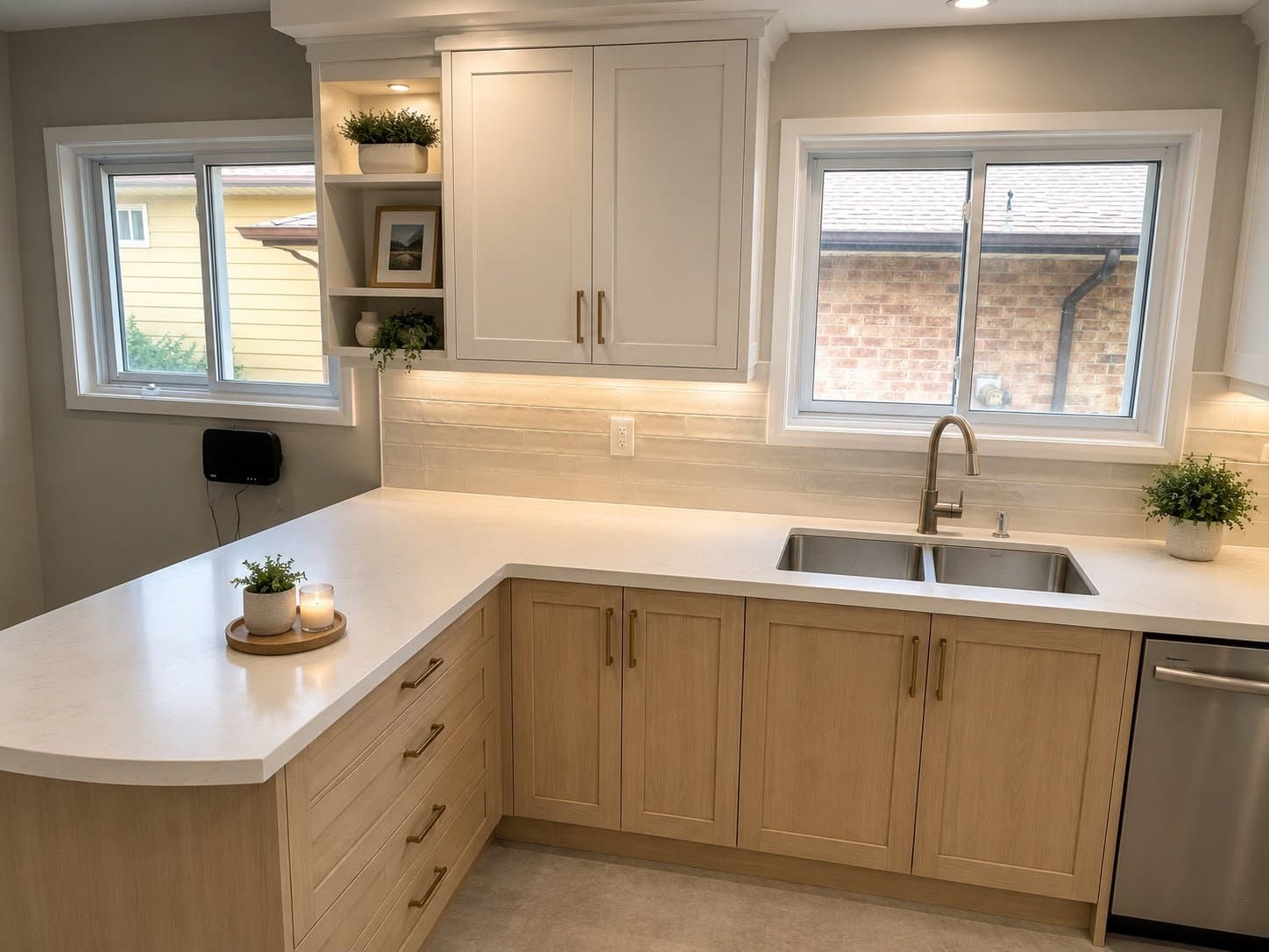 Renovated kitchen with light wood cabinetry and quartz counters