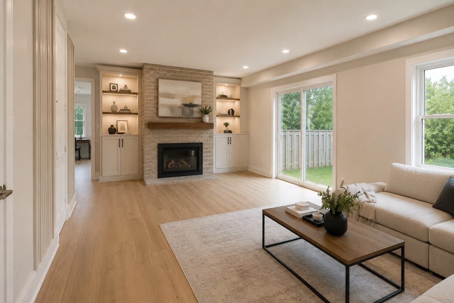 Living room with renovated brick fireplace and built-ins