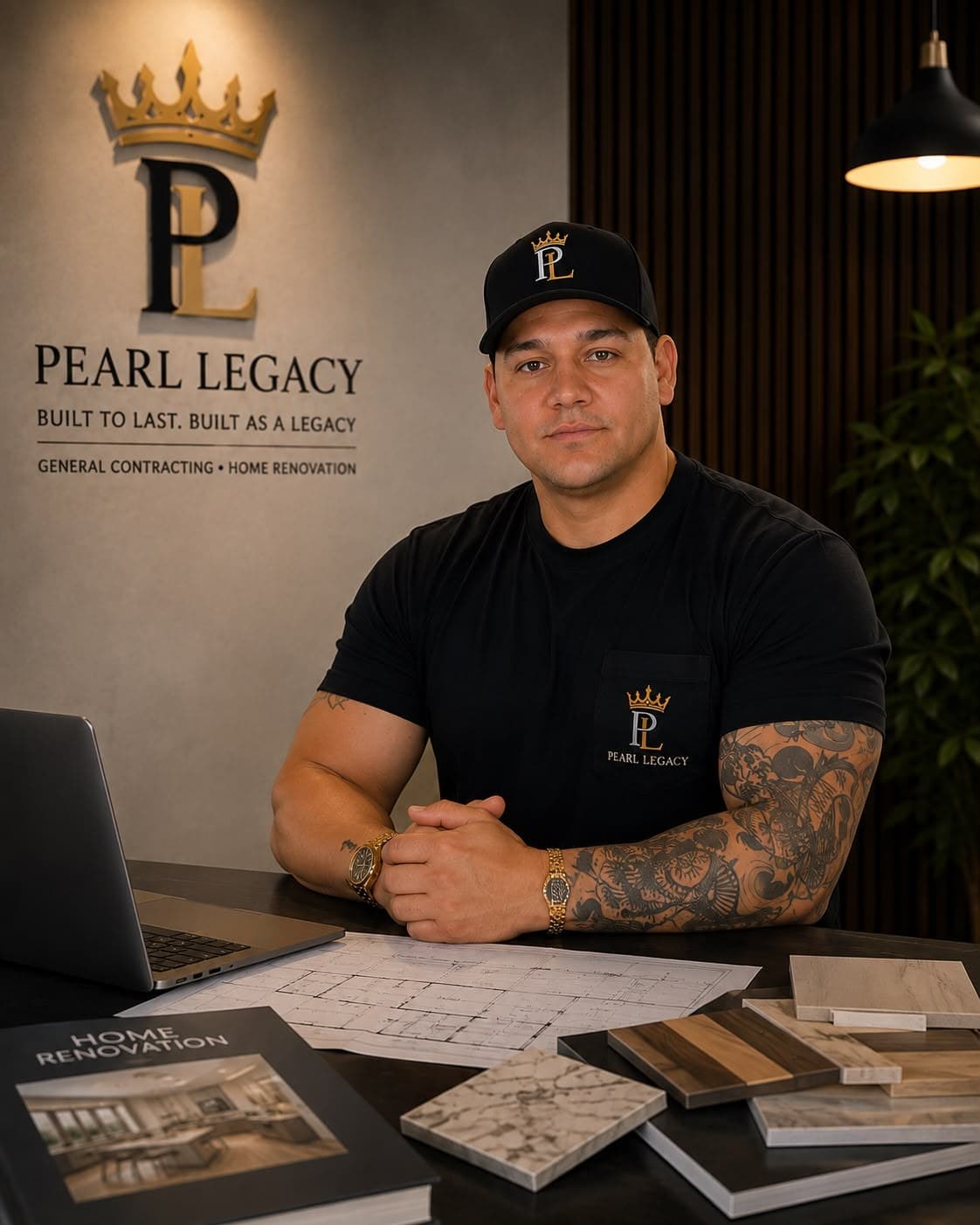 Lazaro Martinez, founder of Pearl Legacy, at his desk in front of the company logo