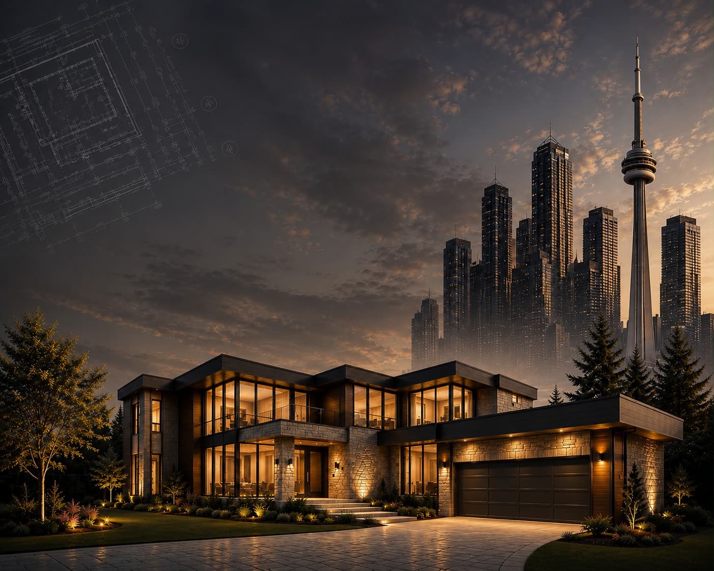 Modern luxury home renovation exterior at dusk with the Toronto skyline and CN Tower behind it