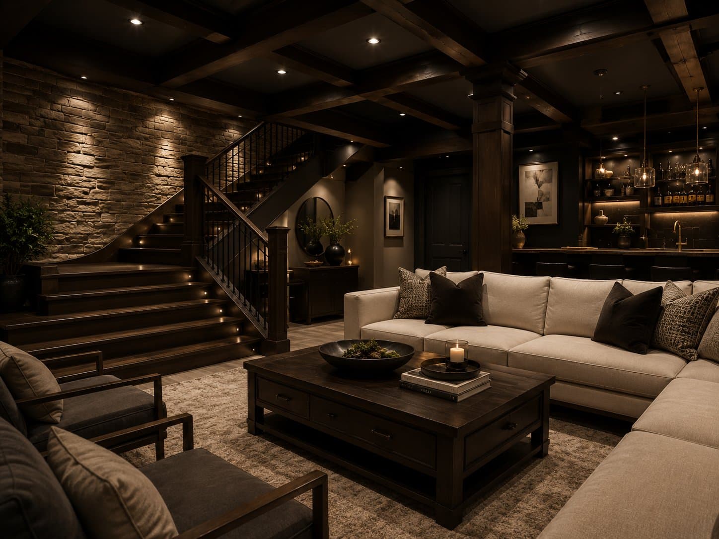 Finished basement lounge with stone accent wall and custom wet bar