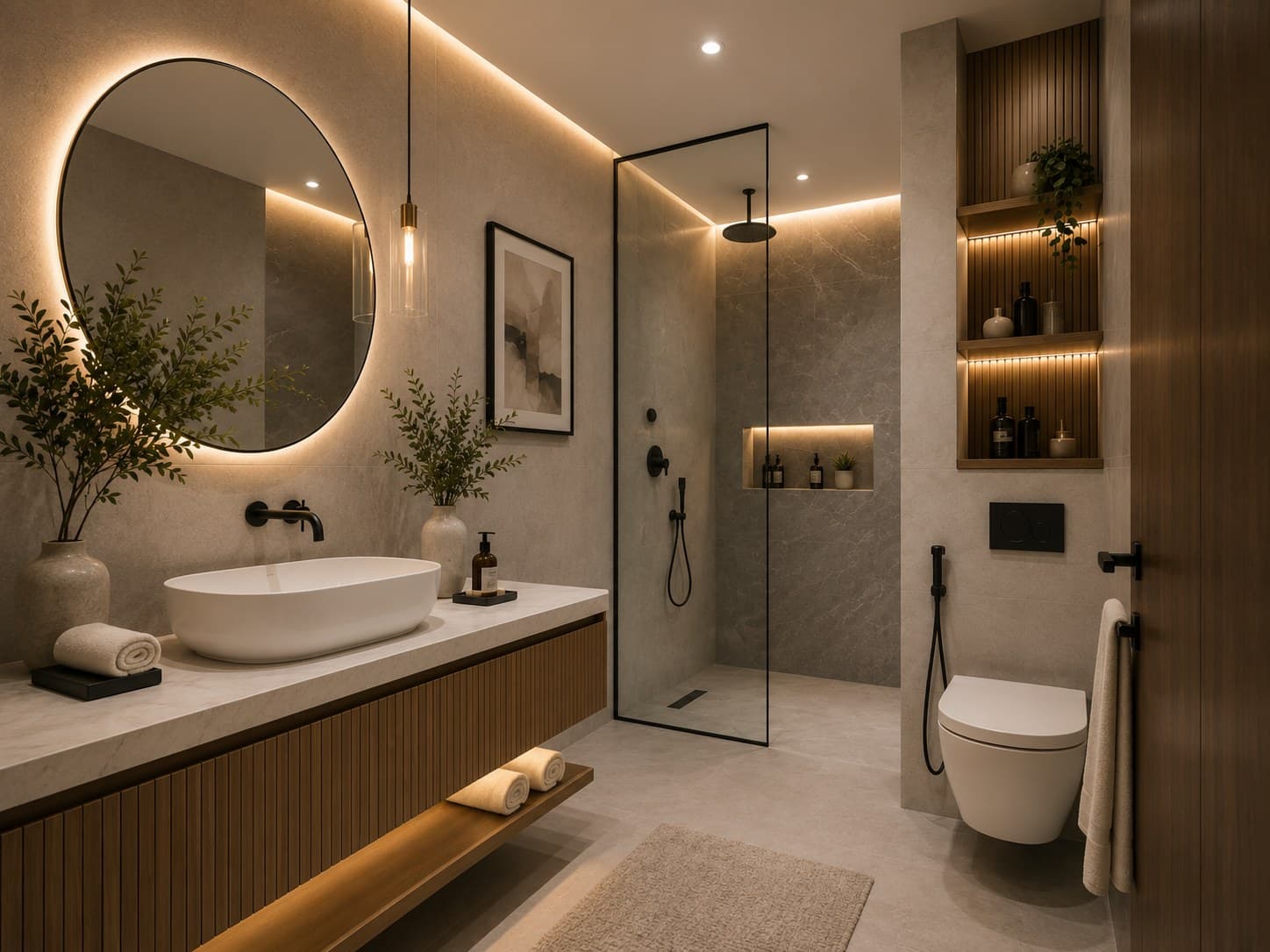 Renovated bathroom with walk-in glass shower, wood vanity, and backlit mirror