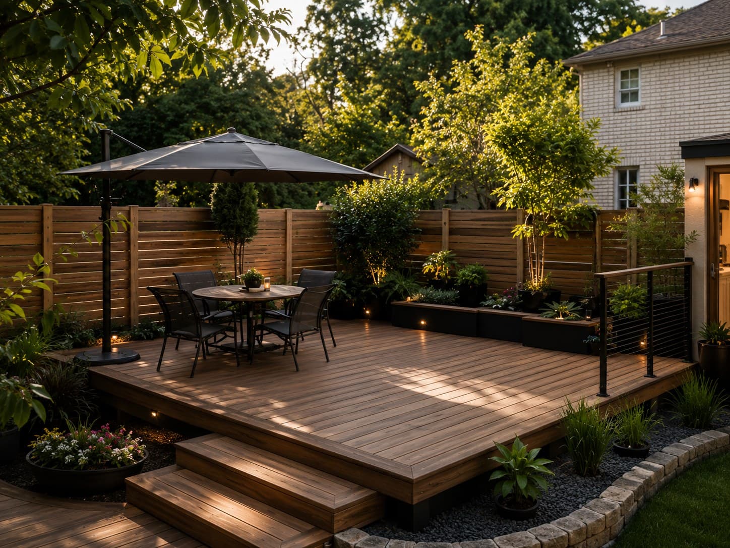 Custom wood deck with built-in seating, planters, and a privacy fence