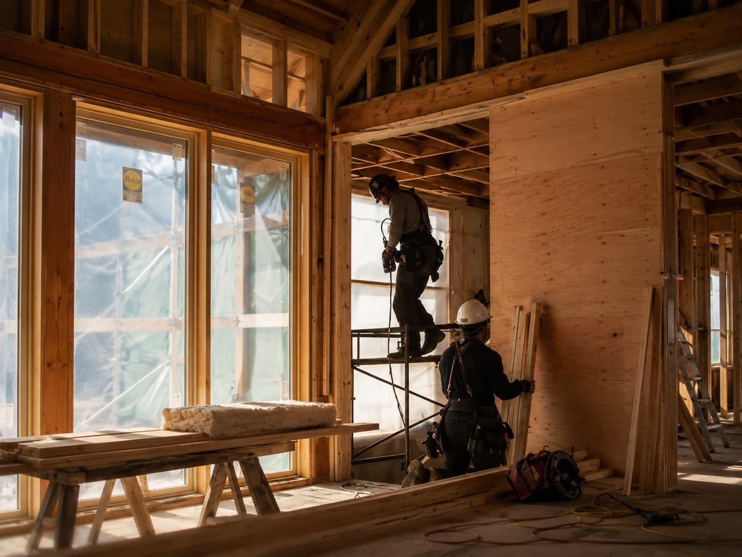 Carpenters installing plywood wall sheathing and framing inside a home