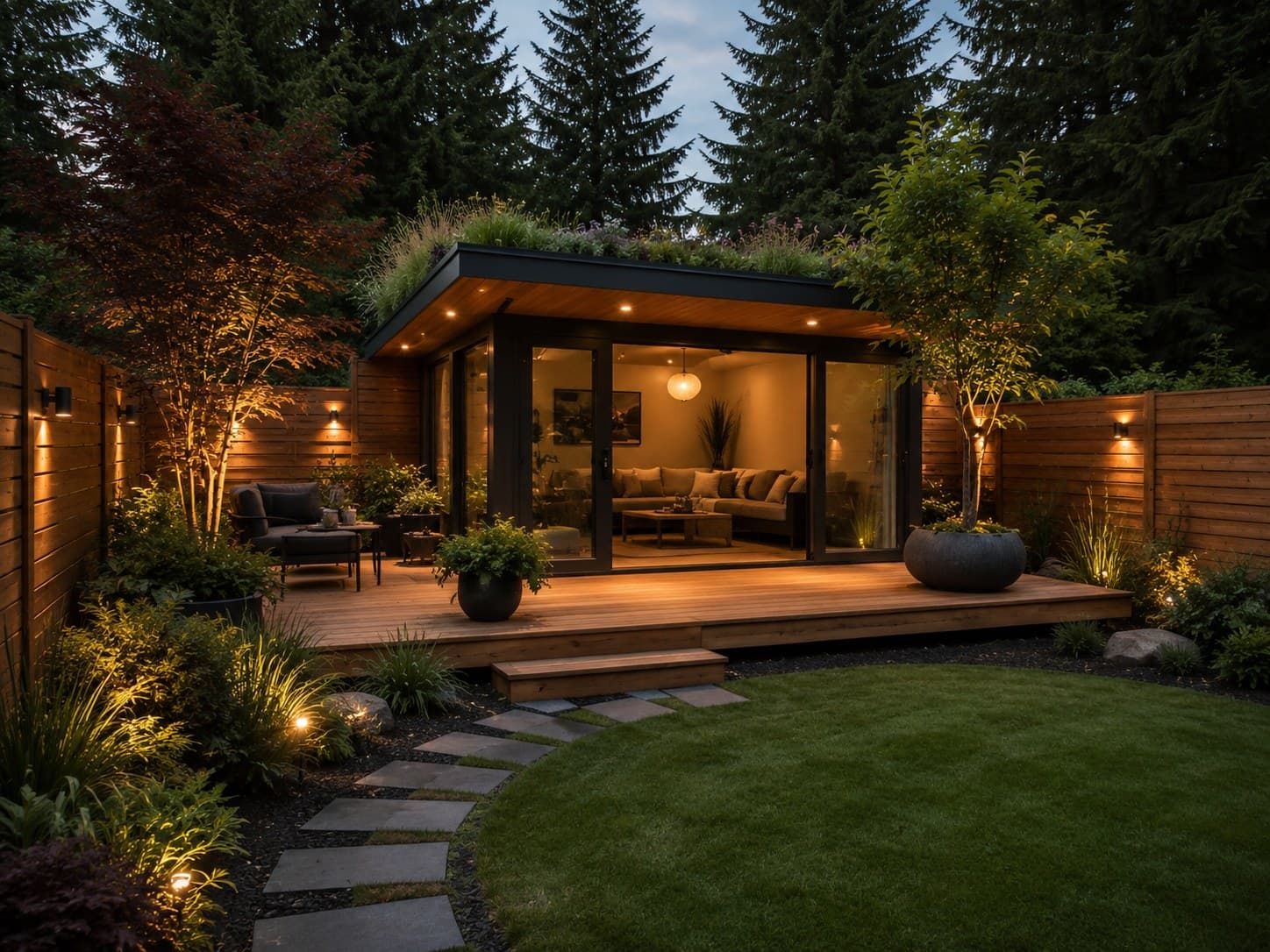 Backyard garden suite with a living roof and lit outdoor patio