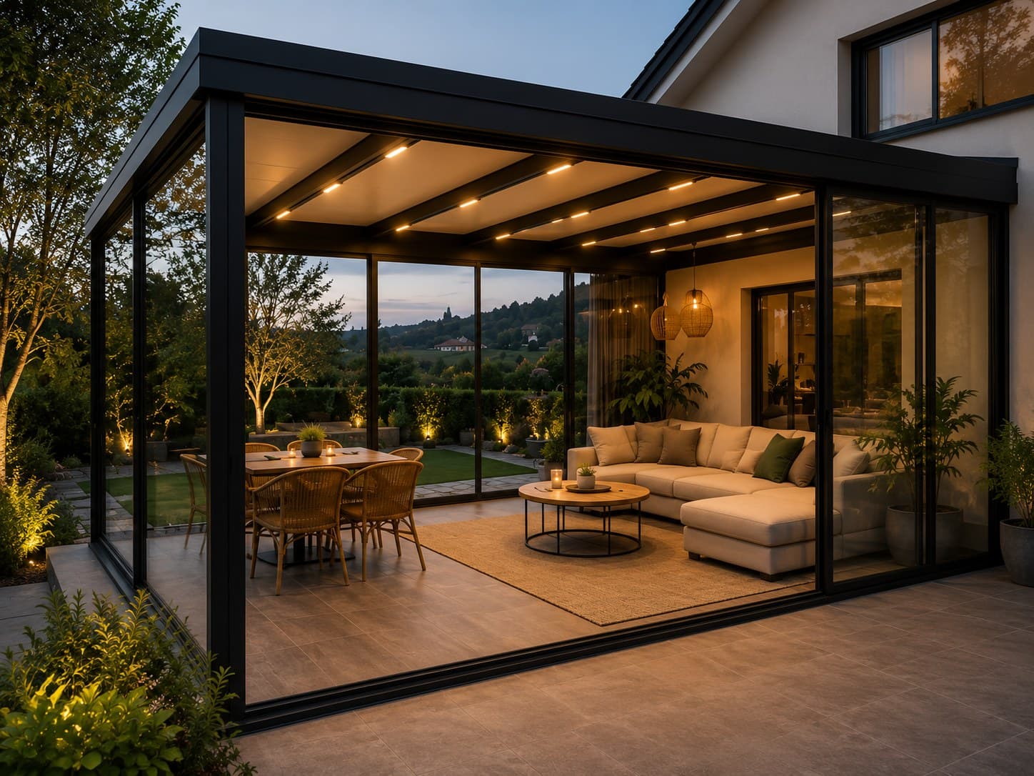 Glass-enclosed sunroom addition with sliding doors opening to the backyard