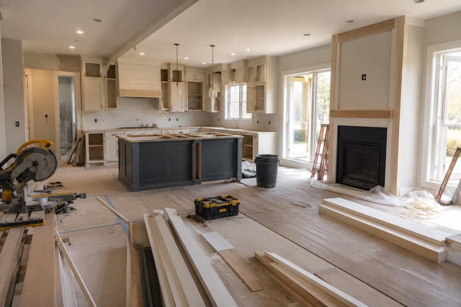 Home under renovation with new hardwood flooring and fireplace framing in progress