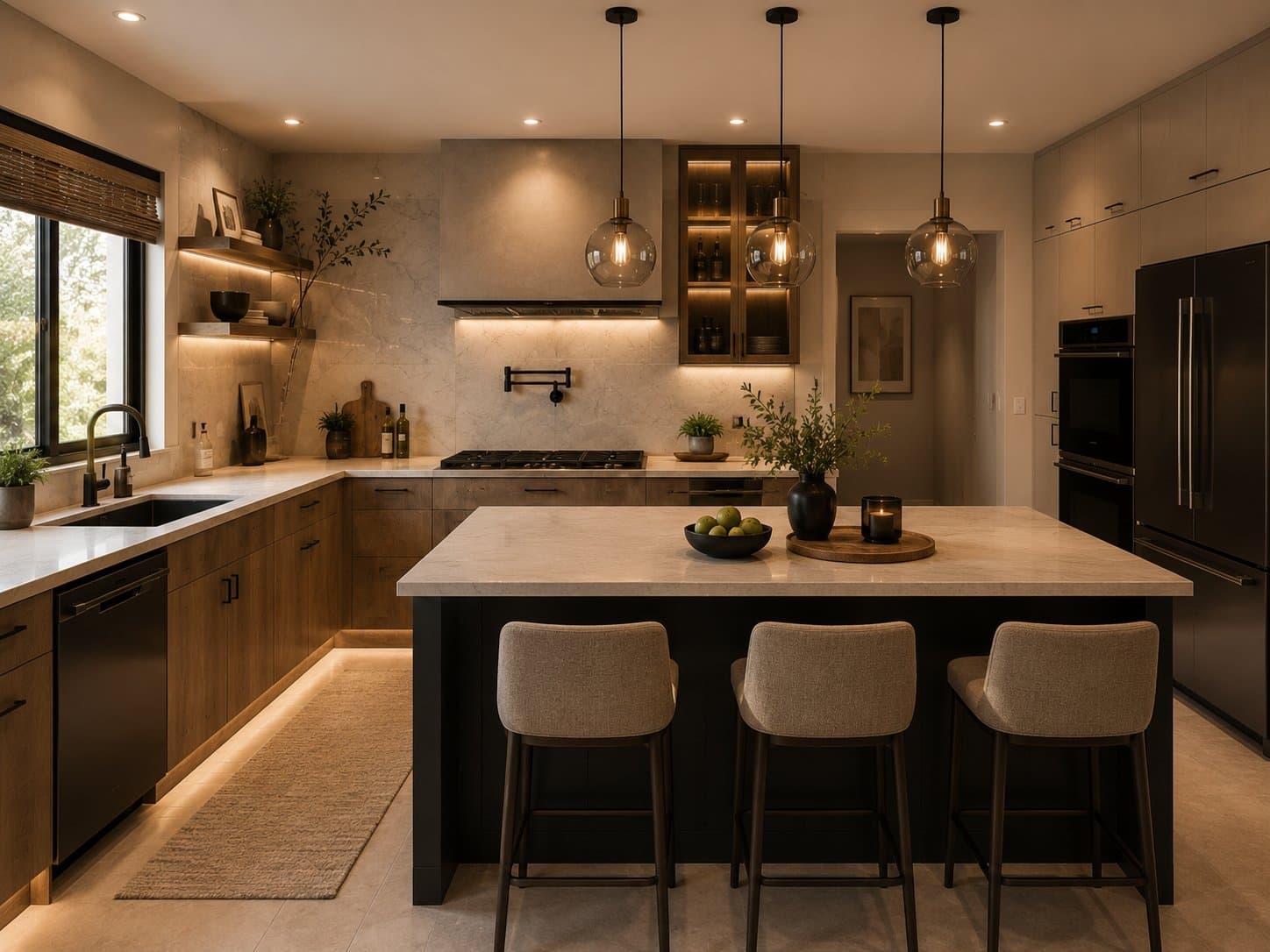 Renovated kitchen with wood cabinetry, dark island, and pendant lighting