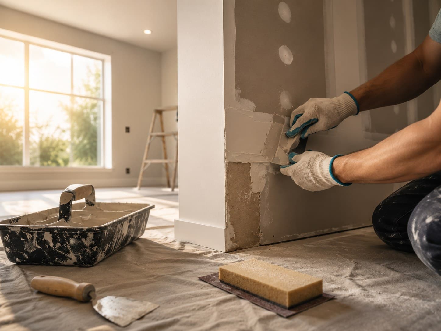 Contractor patching and sanding a drywall repair before repainting